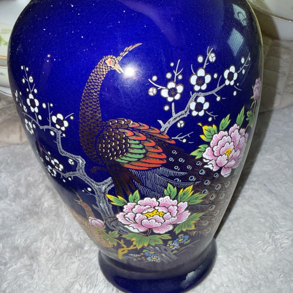 Blue Vase with Peacock and Floral Design